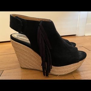 Black suede fringed wedges